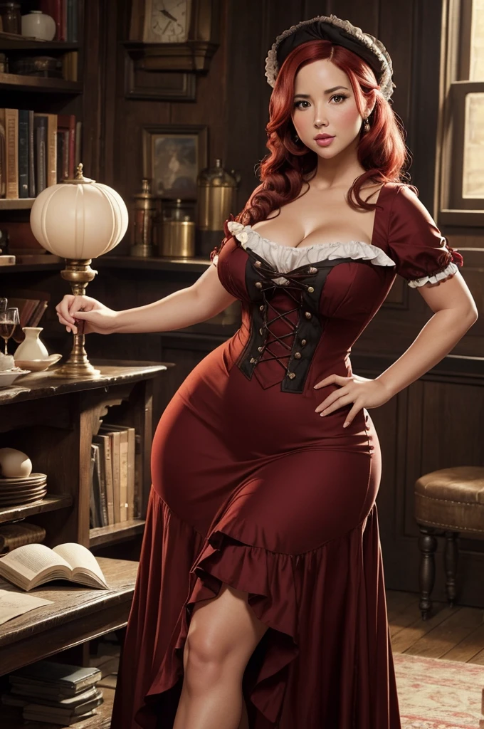 Lindsey Strutt dressed in a Victorian corset and long skirt, sitting down on an sofa, curly red hair, petite woman, small, 19th century living room