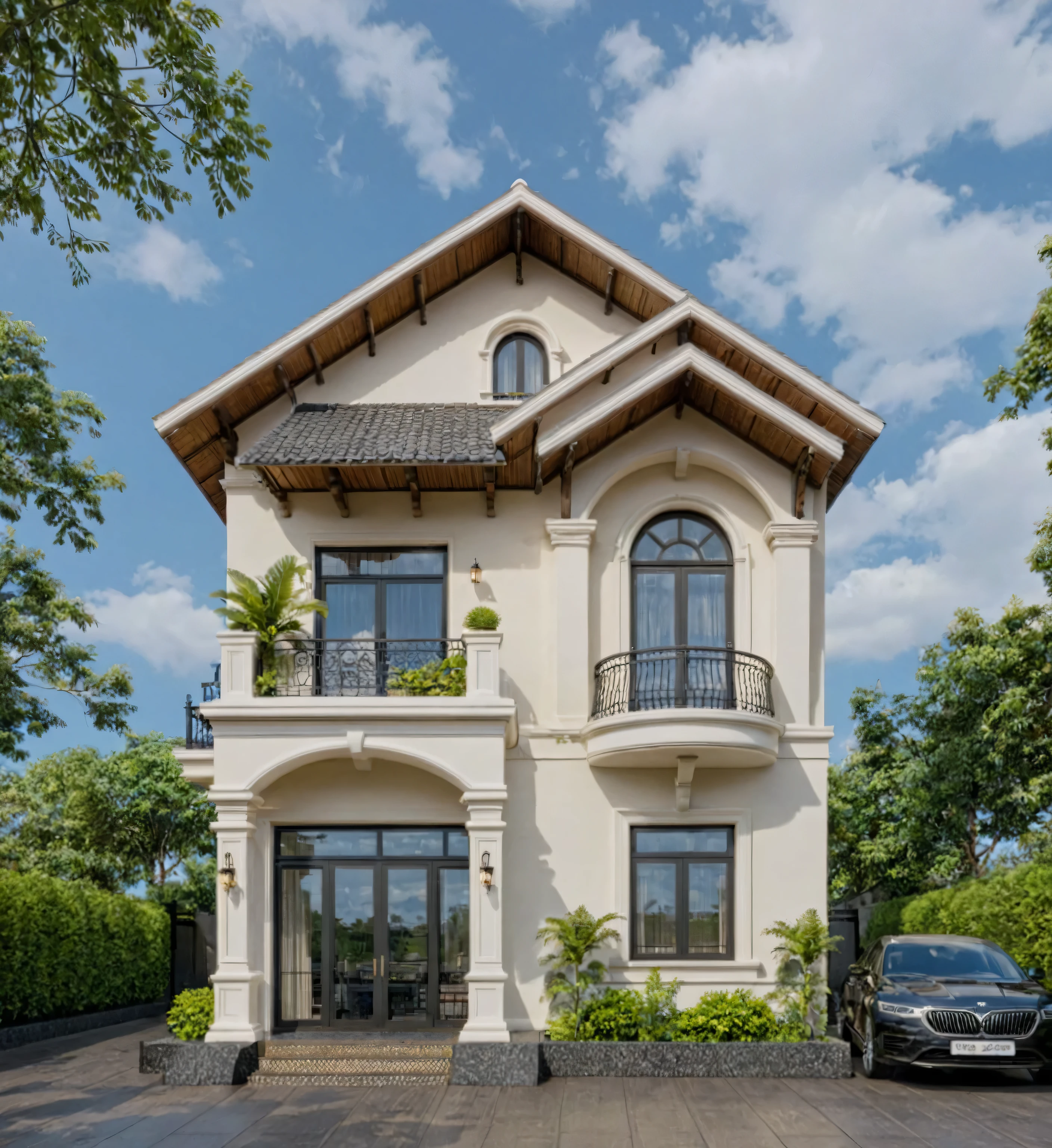 Raw photo,Masterpiece, high quality, best quality, authentic, super detail,
exterior, outdoors, house style indochine on the street ,aiaigroup
road,pavement, grass, trees, sky, cloud, (day:1.1)