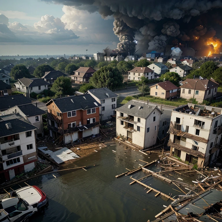 Generate a picture that has fallen building and houses caused by a strong natural disaster