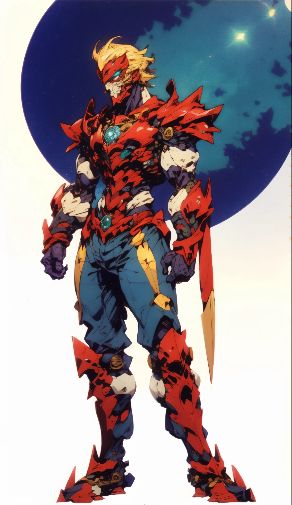 A man with short golden hair slicked back, his face entirely obscured by a Dynastinae concept mask, full mask, cold gaze, clad in an indigo blue fantasy-style Dynastinae concept chest plate, his arms and legs are clad in matching armor, he wears a white undershirt and trousers with golden stripes, standing within a magnificent fantasy-style palace, this character embodies a finely crafted fantasy-style masked light armor warrior in anime style, exquisite and mature manga art style, bio mecha, muscle tissue, high definition, best quality, highres, ultra-detailed, ultra-fine painting, extremely delicate, professional, perfect body proportions, golden ratio, anatomically correct, symmetrical face, extremely detailed eyes and face, high quality eyes, creativity, RAW photo, UHD, 32k, Natural light, cinematic lighting, masterpiece-anatomy-perfect, masterpiece:1.5