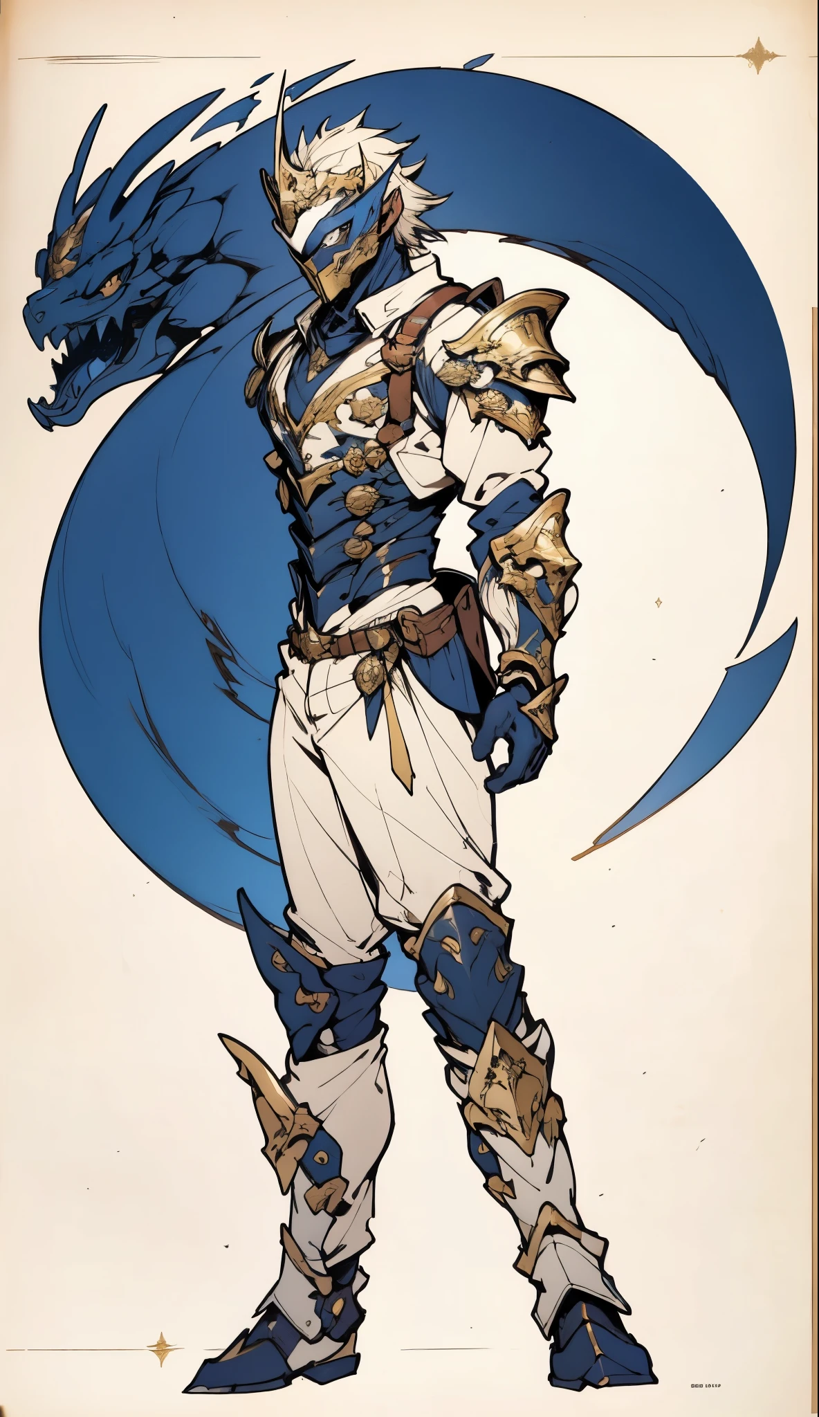A man with short golden hair slicked back, his face entirely obscured by a Dynastinae concept mask, full mask, cold gaze, clad in an indigo blue fantasy-style Dynastinae concept chest plate, his arms and legs are clad in matching armor, he wears a white undershirt and trousers with golden stripes, standing within a magnificent fantasy-style palace, this character embodies a finely crafted fantasy-style masked light armor warrior in anime style, exquisite and mature manga art style, high definition, best quality, highres, ultra-detailed, ultra-fine painting, extremely delicate, professional, perfect body proportions, golden ratio, anatomically correct, symmetrical face, extremely detailed eyes and face, high quality eyes, creativity, RAW photo, UHD, 32k, Natural light, cinematic lighting, masterpiece-anatomy-perfect, masterpiece:1.5