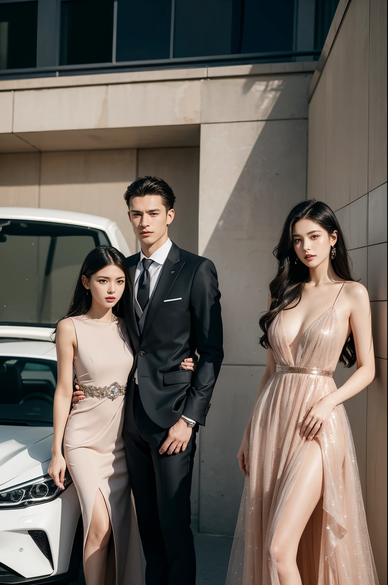 Realistic, 4k, high detailed, high quality, Potrait of one man in a suit and two girls with luxury dress, intimate, close to each other , Luxury, standing in front of the SportsCar