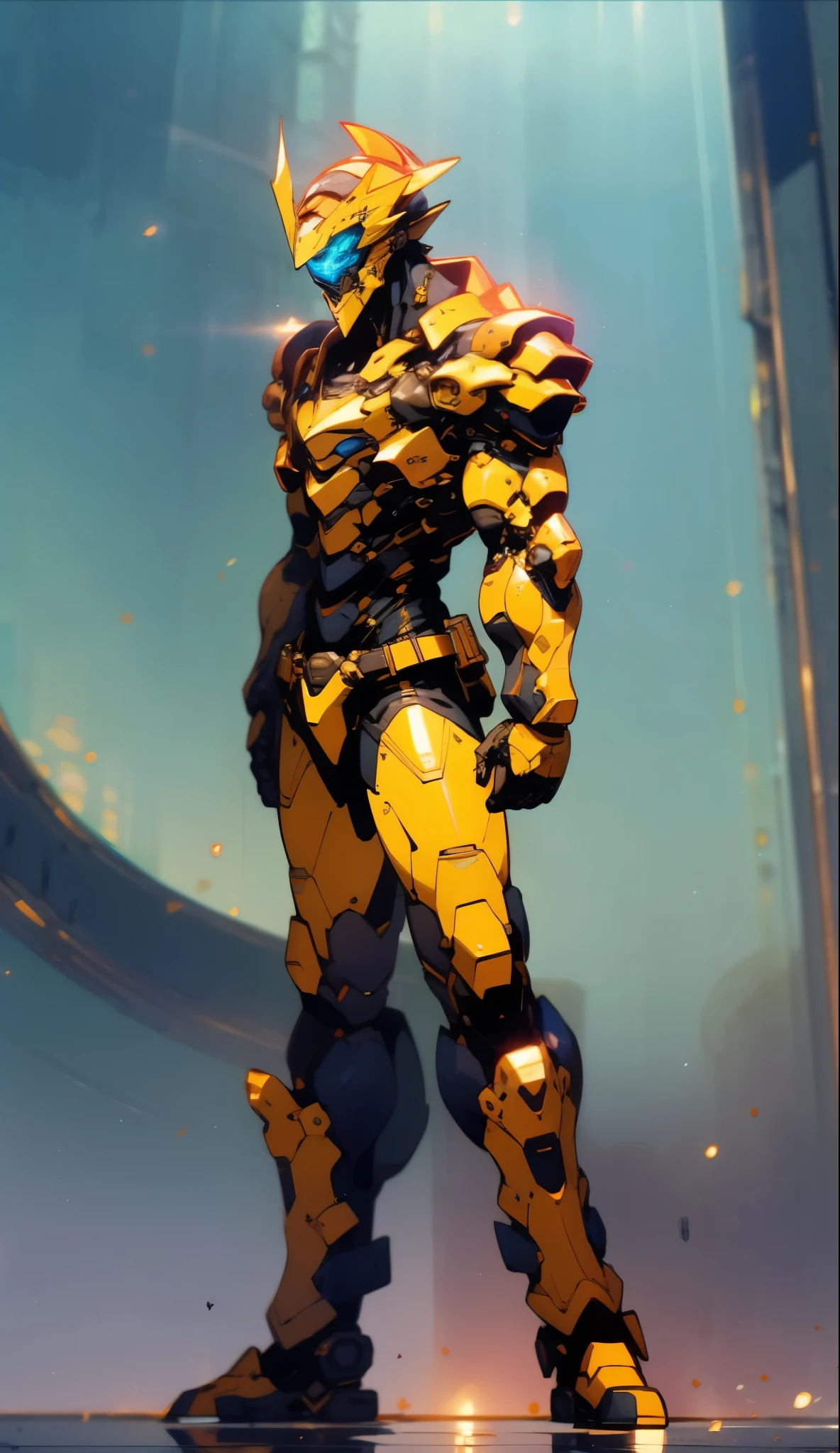 A man with short golden hair slicked back, his face entirely obscured by a Dynastinae concept mask, full mask, cold gaze, clad in an indigo blue fantasy-style Dynastinae concept chest plate, his arms and legs are clad in matching armor, he wears a white undershirt and trousers with golden stripes, standing within a magnificent fantasy-style palace, this character embodies a finely crafted fantasy-style masked light armor warrior in anime style, exquisite and mature manga art style, high definition, best quality, highres, ultra-detailed, ultra-fine painting, extremely delicate, professional, perfect body proportions, golden ratio, anatomically correct, symmetrical face, extremely detailed eyes and face, high quality eyes, creativity, RAW photo, UHD, 32k, Natural light, cinematic lighting, masterpiece-anatomy-perfect, masterpiece:1.5
