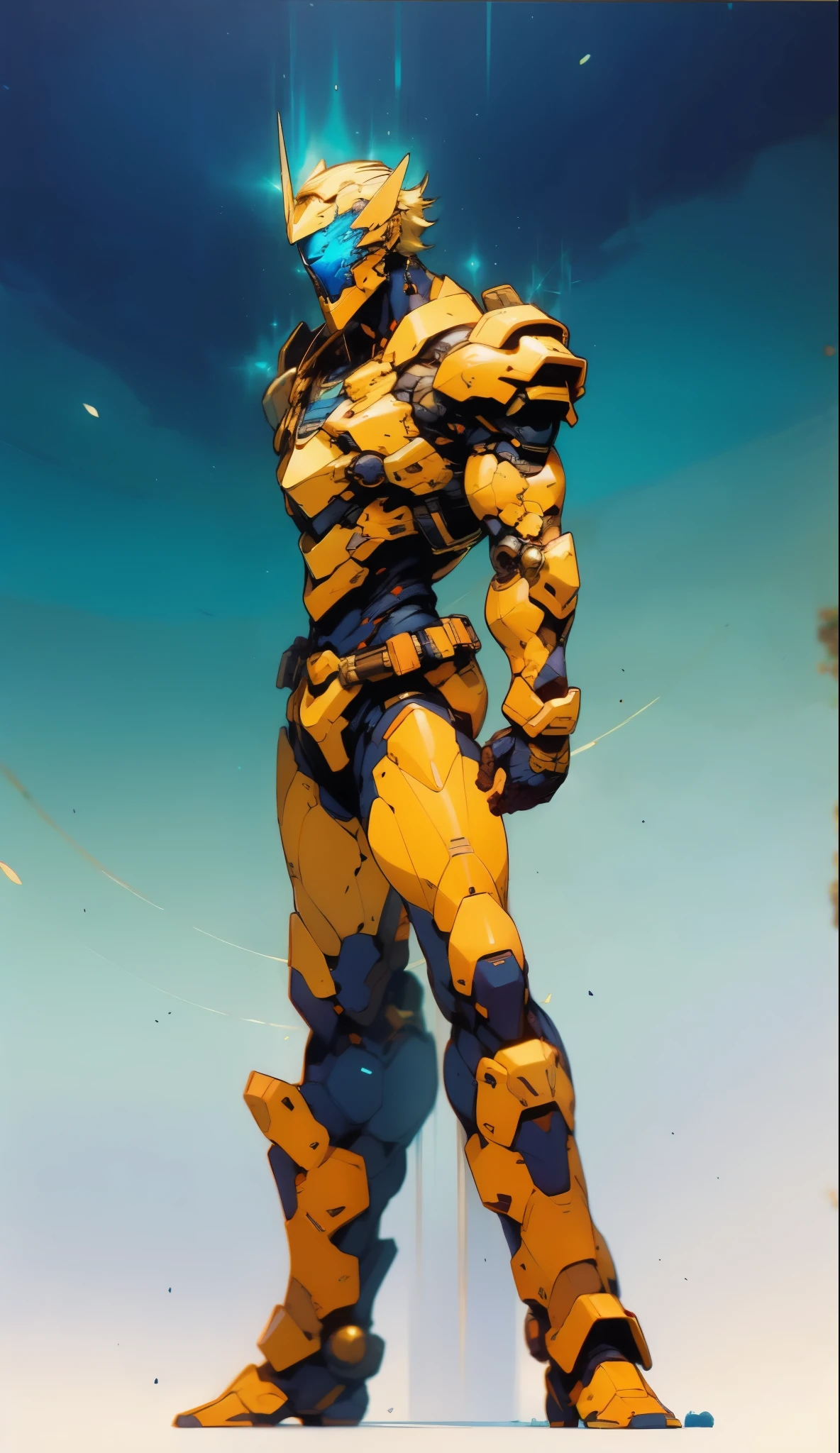 A man with short golden hair slicked back, his face entirely obscured by a Dynastinae concept mask, full mask, cold gaze, clad in an indigo blue fantasy-style Dynastinae concept chest plate, his arms and legs are clad in matching armor, he wears a white undershirt and trousers with golden stripes, standing within a magnificent fantasy-style palace, this character embodies a finely crafted fantasy-style masked light armor warrior in anime style, exquisite and mature manga art style, high definition, best quality, highres, ultra-detailed, ultra-fine painting, extremely delicate, professional, perfect body proportions, golden ratio, anatomically correct, symmetrical face, extremely detailed eyes and face, high quality eyes, creativity, RAW photo, UHD, 32k, Natural light, cinematic lighting, masterpiece-anatomy-perfect, masterpiece:1.5