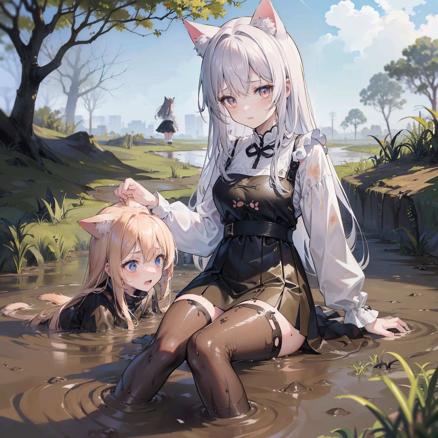 （best quality)，（detailed), (two girls），Struggling in the muddy swamp, Legs stuck in the mud, Covered with mud, With an expression of despair，A cat&#39;s tail，Cat ears on top of head，white stockings, Double tail，medium breasts，Jie Kang 
