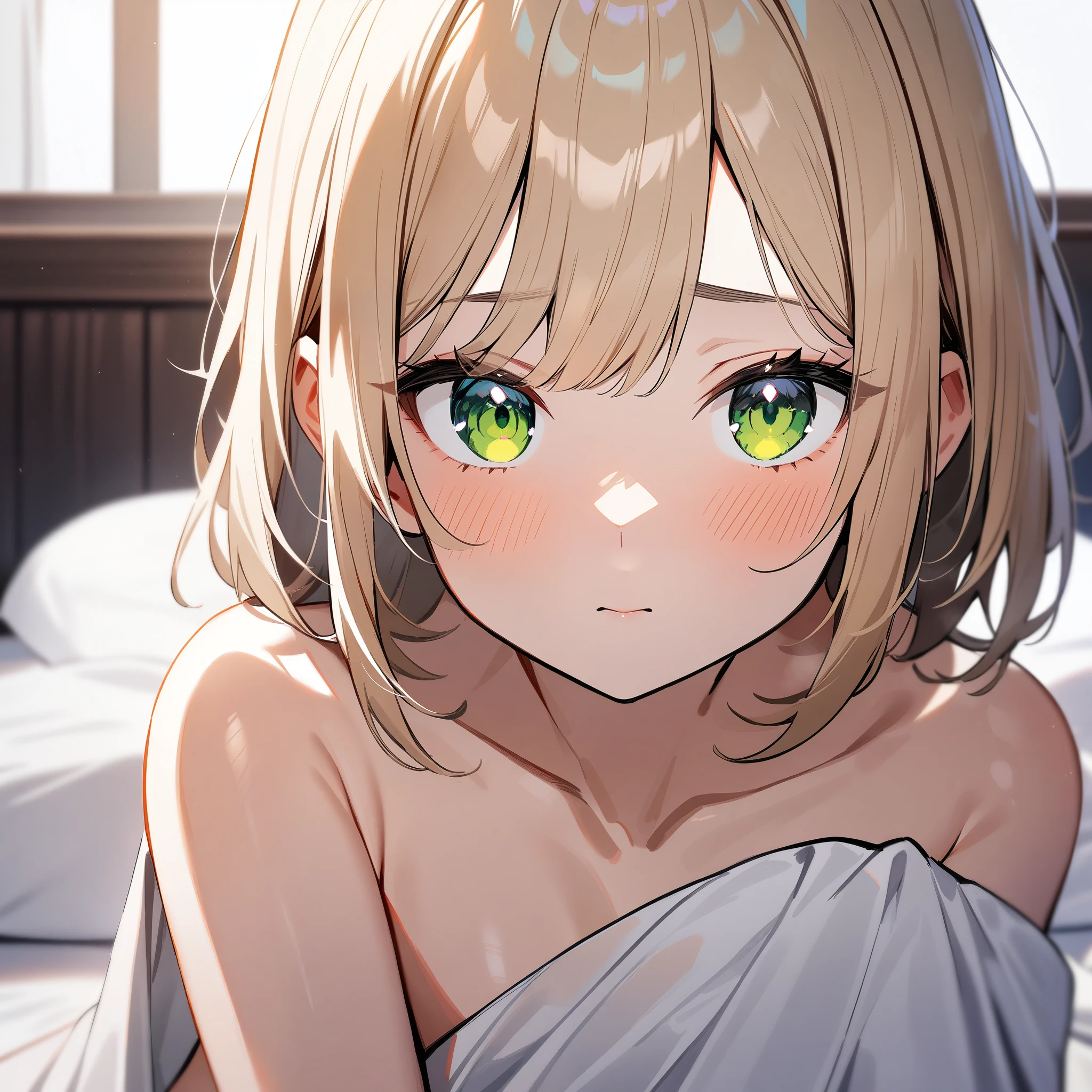 blonde, short hair, girl１, sleep in bed, (White sheets), (White pillow),close up of face, completely nude, [[pale purple eyes]],