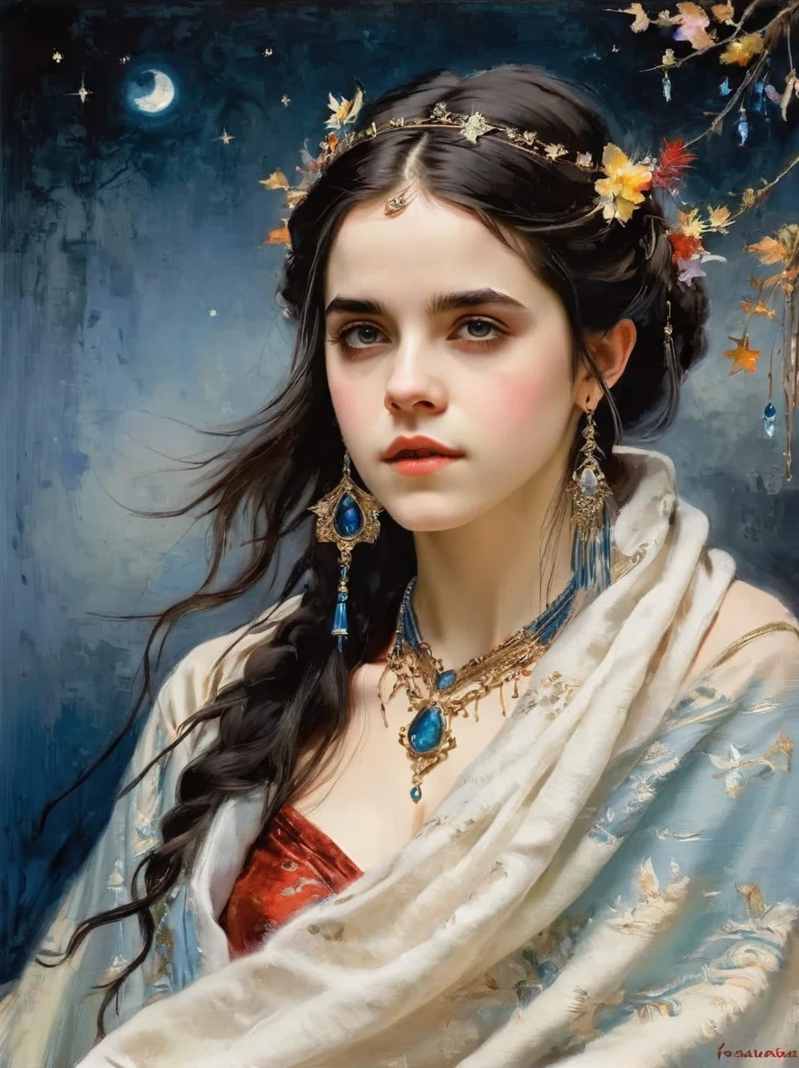 Gustave Moreau (Gustave Moreau),Thomas Kincaid (Thomas Kinkade),james gurney (James Gurney) HDR landscape photos taken,Kahn Griffith,Frank Frazetta,van gogh,Alberto Cervezu oil painting,masterpiece,Realistic,Deep color,blue tint,Surrealism, Star光环, In the bright embrace of the moonlight serenade,,long hair,black hair,(Emma Watson:0.8),(hide in blanket,curtain:1.4),stare,looking at viewer,(upper body,face focus,close up),realistic artist,(head chains,(jewelry:1.3):1.1),necklace,halter,(translucent:1.2), (see through:1.2),(intricate details:1.5),((silly,smug)),Compared,Tone,texture, detailed, Star, Colorful halo, Vibrant energy, expressive, dramatic, organic lines and forms, dreamy and mysterious, Surrealism,portrait shooting,complex,meticulous,sharp,clear,Better image quality,Rough brushstrokes,high dynamic range,vivid,Rich in details,阴影和高光clear,reality,vehement,Compared度增强,Rich in details