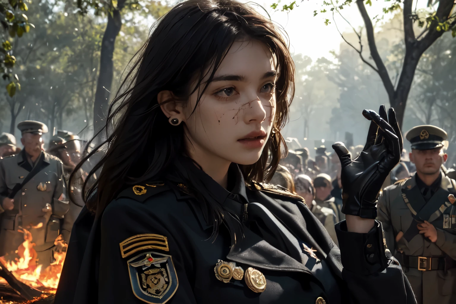 realistic, masterpiece, best quality, close-up, lips , upper body , no makeup, mature female, cowboy shot, black hair, military uniform, black military jacket , black cape , , badge, military jacket , , valor , golden badge , military badge, depth of field, long hair, mole under eye, black gloves, earrings, gloves, crowded place , crowd, evening, branch, dead tree, fireflies, sparkle, fire_sparkle , fire  , scar_on_eye , military badge , medals , blood , bleeding , on fire forest , burning trees , military valor , burning background , crowded place , , big fire ,  german  military , battlefield , 