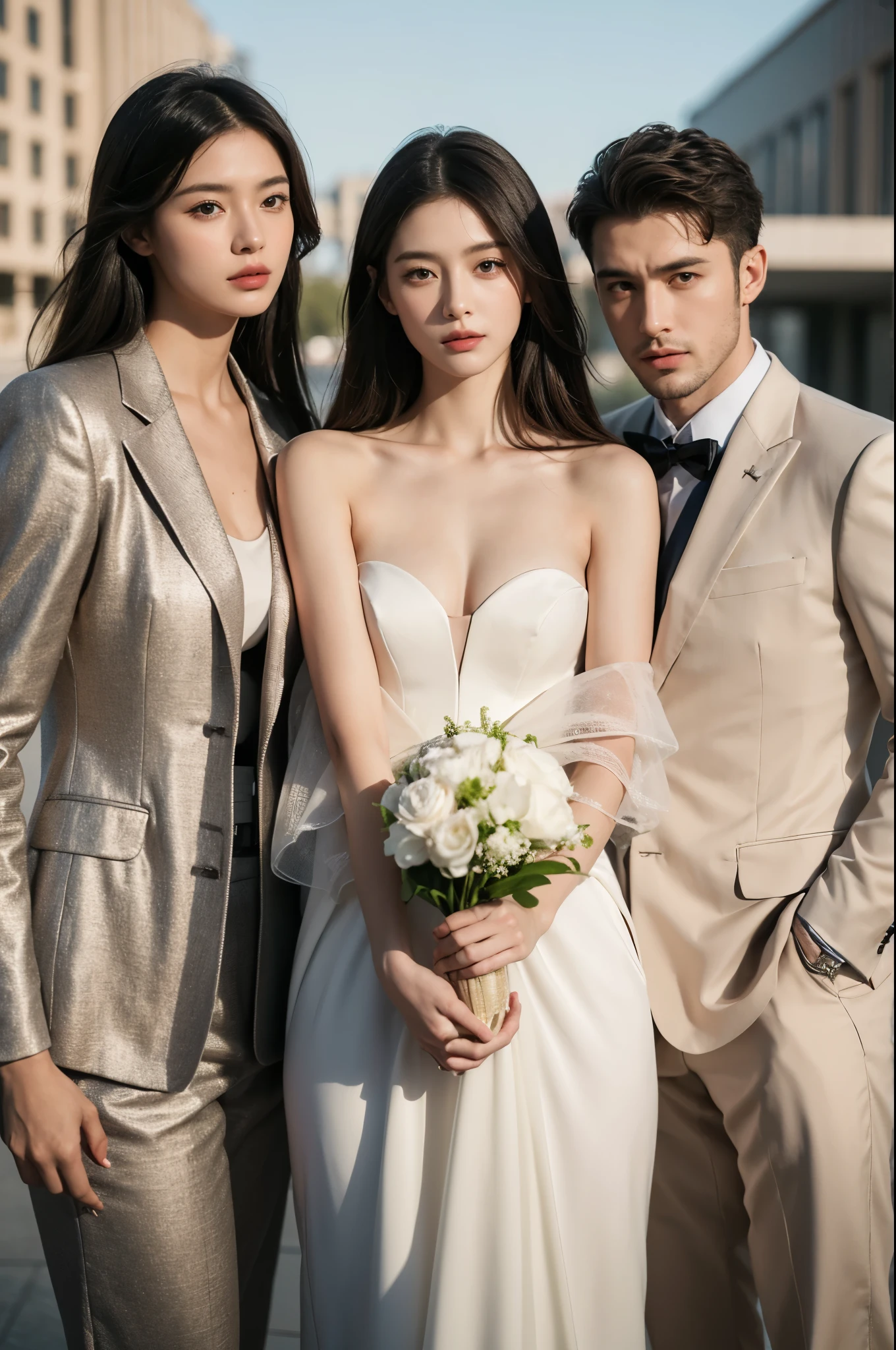 Realistic, 4k, high detailed, high quality, Potrait of one man in a suit and two girls with luxury dress, perfectly proportioned, intimate, close to each other , perfect background, perfect face, perfect body, detailed face, look at camera, standing in front of the SportsCar