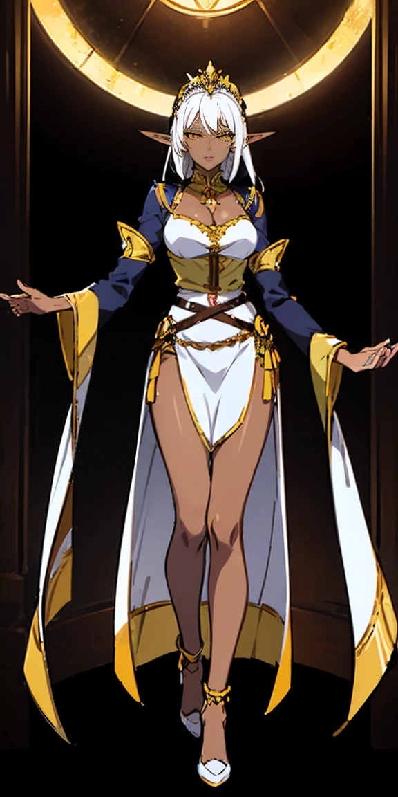 1 solo dark elf pirotess black skin white hair, fullbody, yellow eyes, tiara,