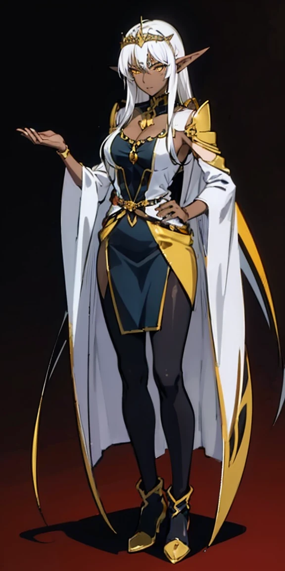 1 solo dark elf pirotess black skin white hair, fullbody, yellow eyes, tiara,