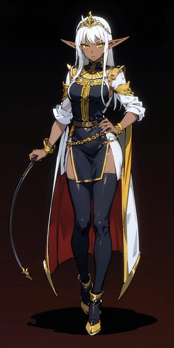 1 solo dark elf pirotess black skin white hair, fullbody, yellow eyes, tiara,