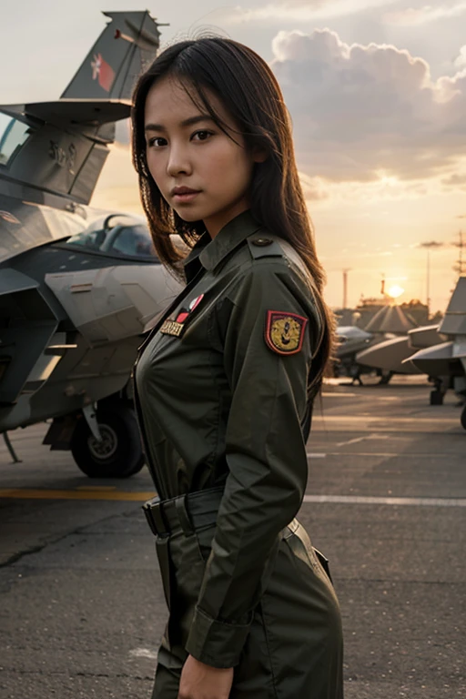 asian beautiful girl in army uniform with background as a fleet of fighter jets with the afternoon sunset sun shining behind