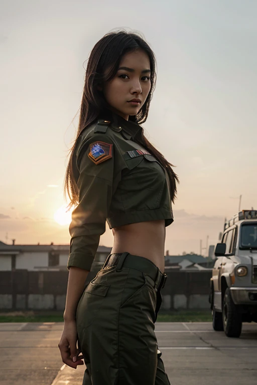 camouflage uniform、fullnude、barechested、Illuminated by the setting sun、at the sunset、Orange sunset、Mole、Sad face、Rough skin、acne switching body、crawl forward、Military Personnel、camouflage uniform、female pervert、hotpants、A dark-haired、Cuffedで拘束されている、Cuffed、confinement