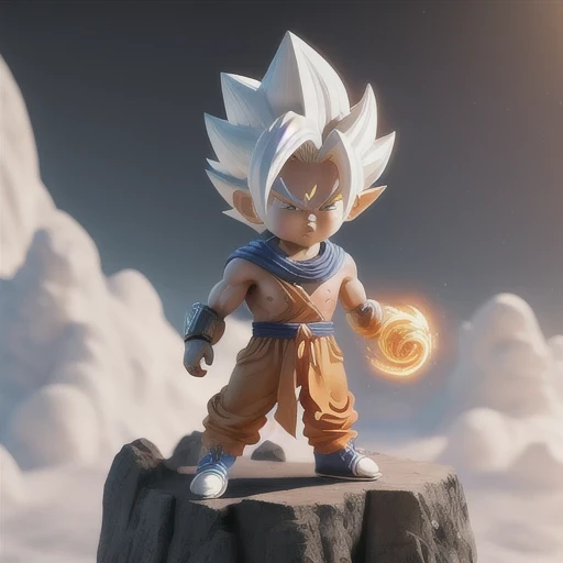 Goku, super saiyan, exquisite hair, arm depiction, white and blue hair body, exquisite shoes, eye depiction, exquisite hair, popmart blind box, clay texture, stepping on the land, black and white background, natural lighting, most good quality, super detail, 3D art, c4d, OC renderer, 3D rendering, 8k(nautilus)