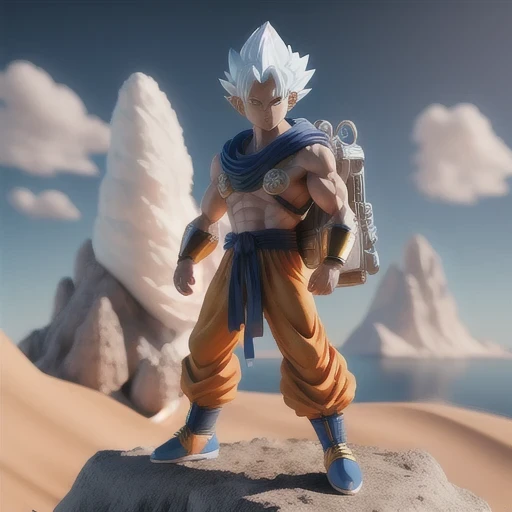 Goku, super saiyan, exquisite hair, arm depiction, white and blue hair body, exquisite shoes, eye depiction, exquisite hair, popmart blind box, clay texture, stepping on the land, black and white background, natural lighting, most good quality, super detail, 3D art, c4d, OC renderer, 3D rendering, 8k(nautilus) 