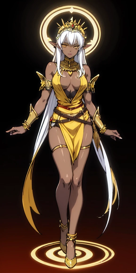 1 solo dark elf pirotess black skin white hair, fullbody, yellow eyes, tiara, golden bracers, heart shape necklace