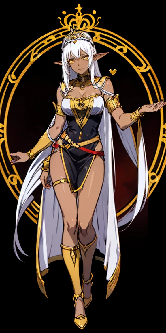 1 solo dark elf pirotess black skin white hair, fullbody, yellow eyes, tiara, golden bracers, heart shape necklace