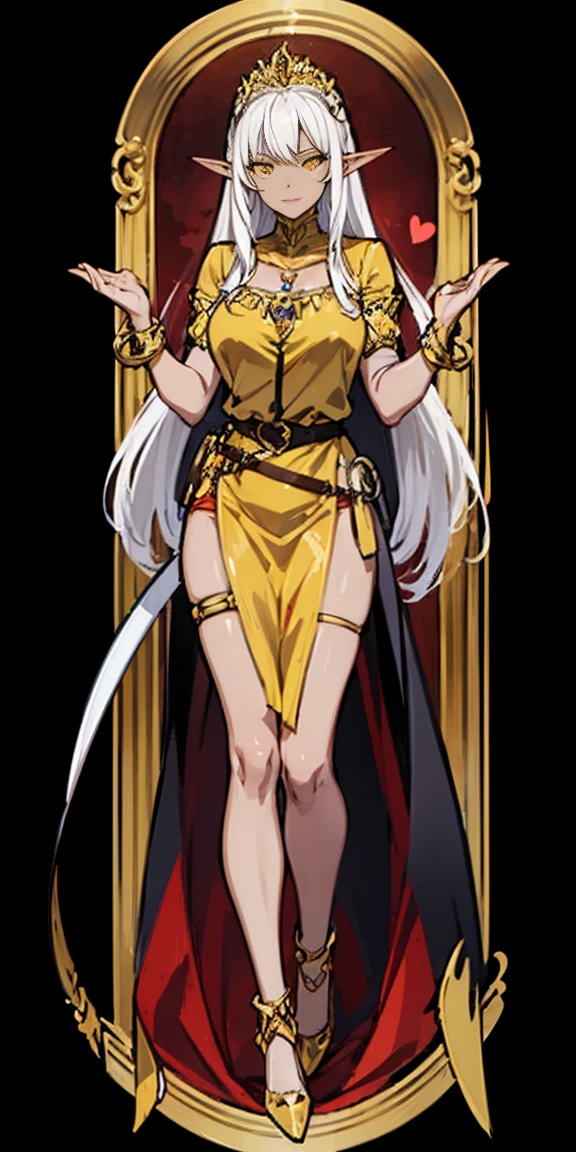 1 solo dark elf pirotess black skin white hair, fullbody, yellow eyes, tiara, golden bracers, heart shape necklace