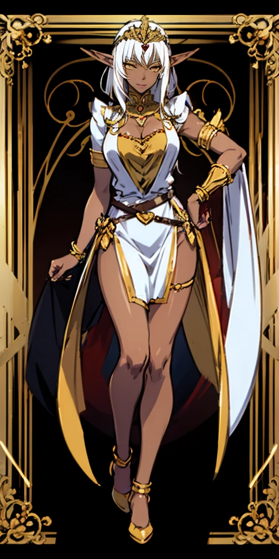 1girl full body standing, nice ass, Hairstyle with a braid, white colored hair, Yellow eyes, perfect lighting, muscular, thights, Mature woman, mummy, bellybutton, Abs, looks at the viewer (tmasterpiece, hiquality: 1.1) ssmile, Extremely huge breasts, Maternal, porcelain skin, extra very long hair, sparkly skin, good face, chest cover