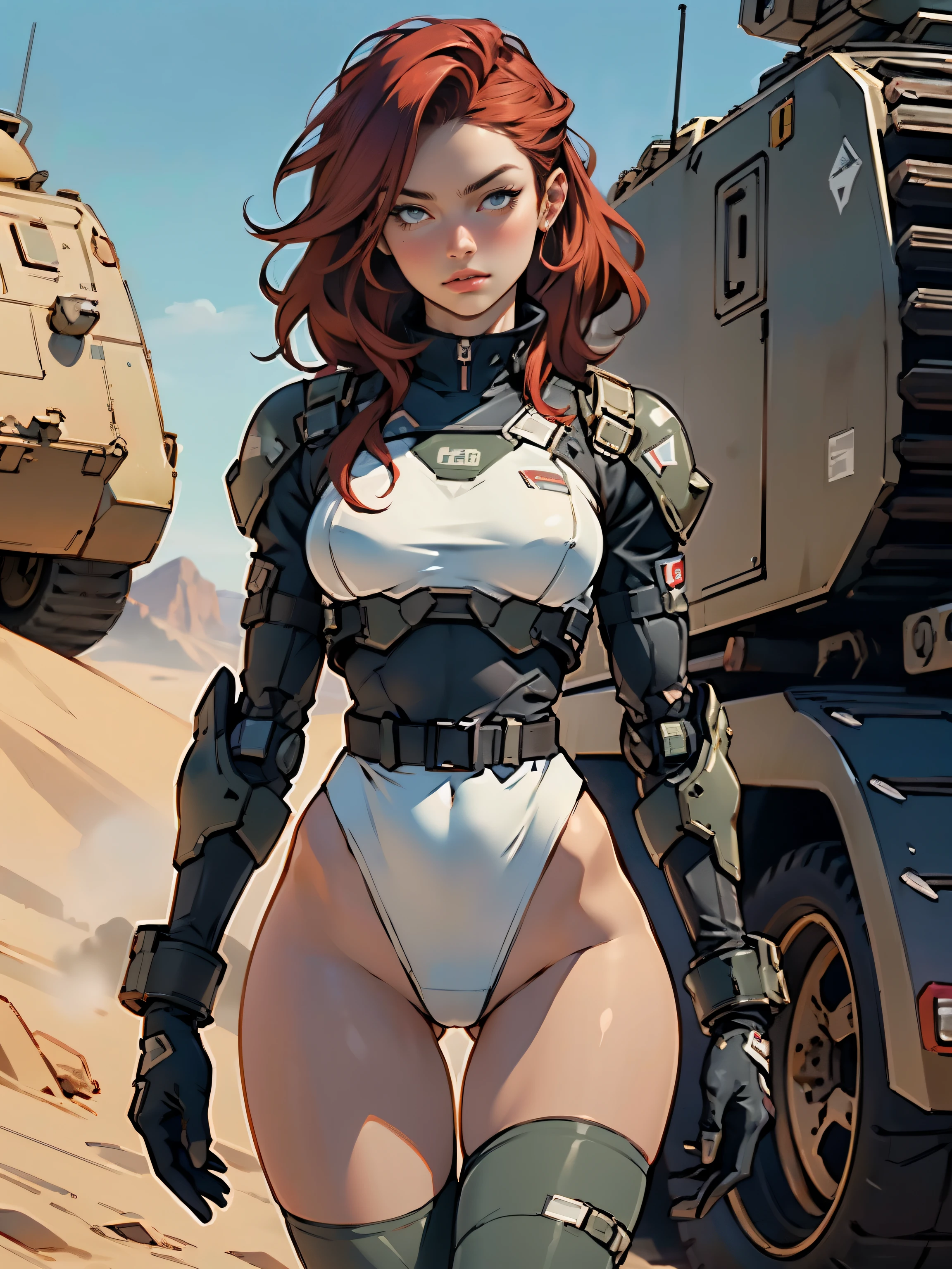 1woman 20 years old, military, beautiful, perfect body, realistic, red hair, perfect body, thin waist, , large breasts, slim thighs, desert background, armored vehicle, flying fighters, military robot dog, camouflaged uniform, wealth of details, tight panties, marking on the front, slender knees, highly detailed, high resolution, prefect hands, slender thighs, show knees, thigh gap, alert eyes