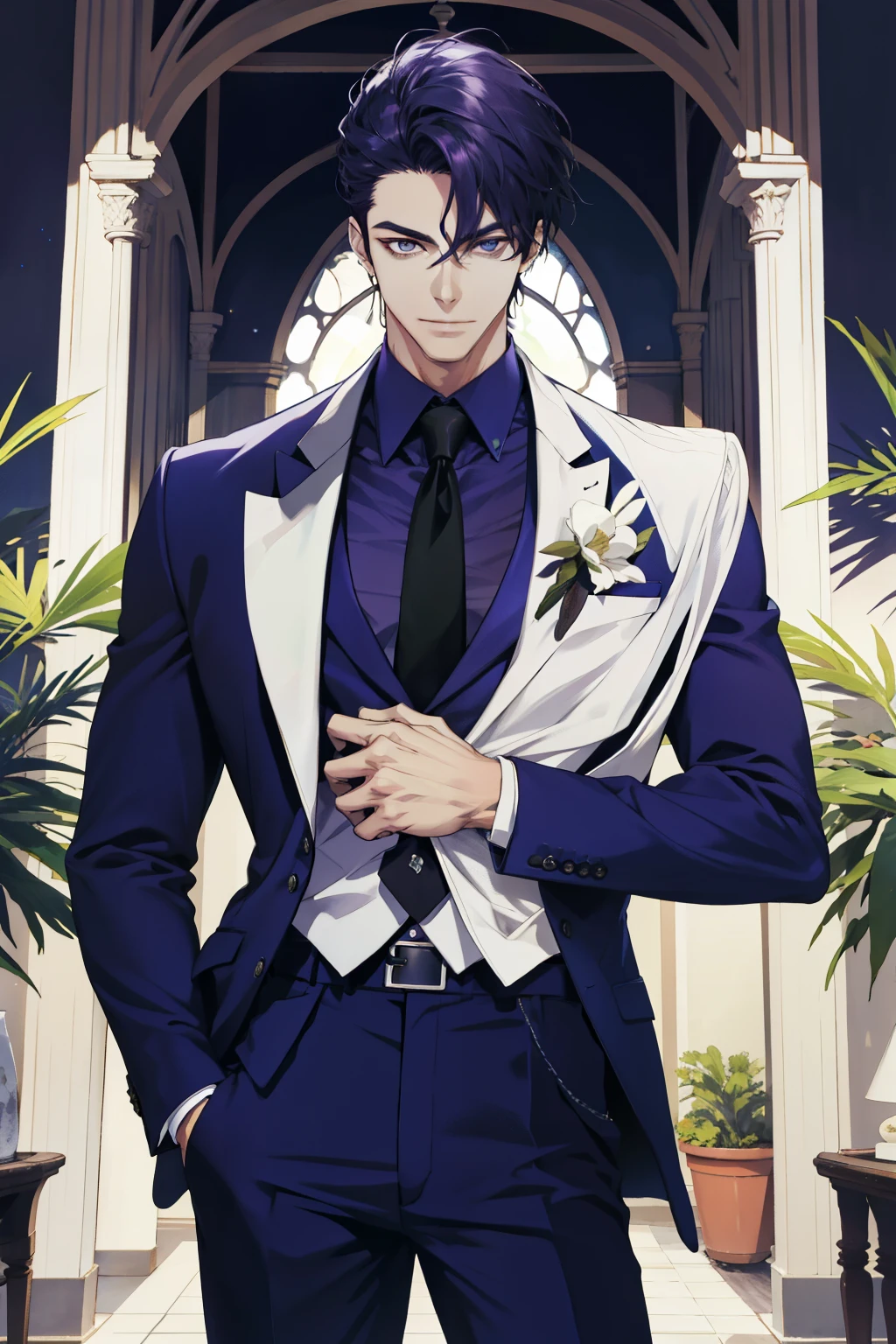 (absurdo,A high resolution,ultra-detalhado),1 homem,COMO Adulto,bonito,homem alto e musculoso,ombros largos,Olhos finos e detalhados e rosto detalhado,Business suit,casaco branco,Na floresta,sorria,raios de sol,raios de sol,Casamentos,Corpo Lateral,purple pants,(Corpo Lateral,45° viewing angle)