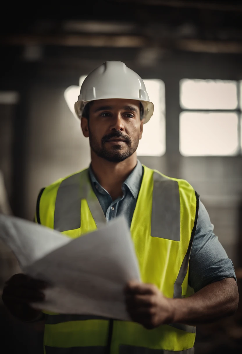 “An image of a construction worker wearing a hard hat and holding a blueprint.”