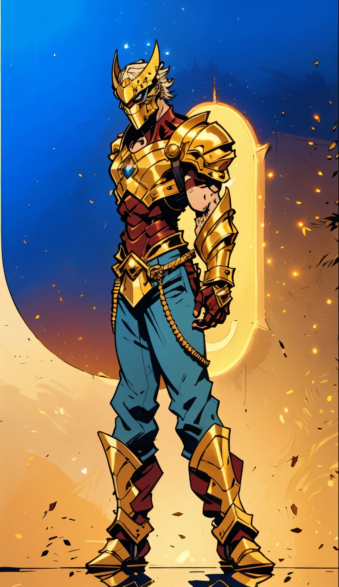 A man with short golden hair slicked back, his face entirely obscured by a Dynastinae concept mask, full mask, cold gaze, clad in an indigo blue fantasy-style Dynastinae concept chest plate, his arms and legs are clad in matching armor, he wears a white undershirt and trousers with golden stripes, standing within a magnificent fantasy-style palace, this character embodies a finely crafted fantasy-style masked light armor warrior in anime style, exquisite and mature manga art style, high definition, best quality, highres, ultra-detailed, ultra-fine painting, extremely delicate, professional, perfect body proportions, golden ratio, anatomically correct, symmetrical face, extremely detailed eyes and face, high quality eyes, creativity, RAW photo, UHD, 32k, Natural light, cinematic lighting, masterpiece-anatomy-perfect, masterpiece:1.5