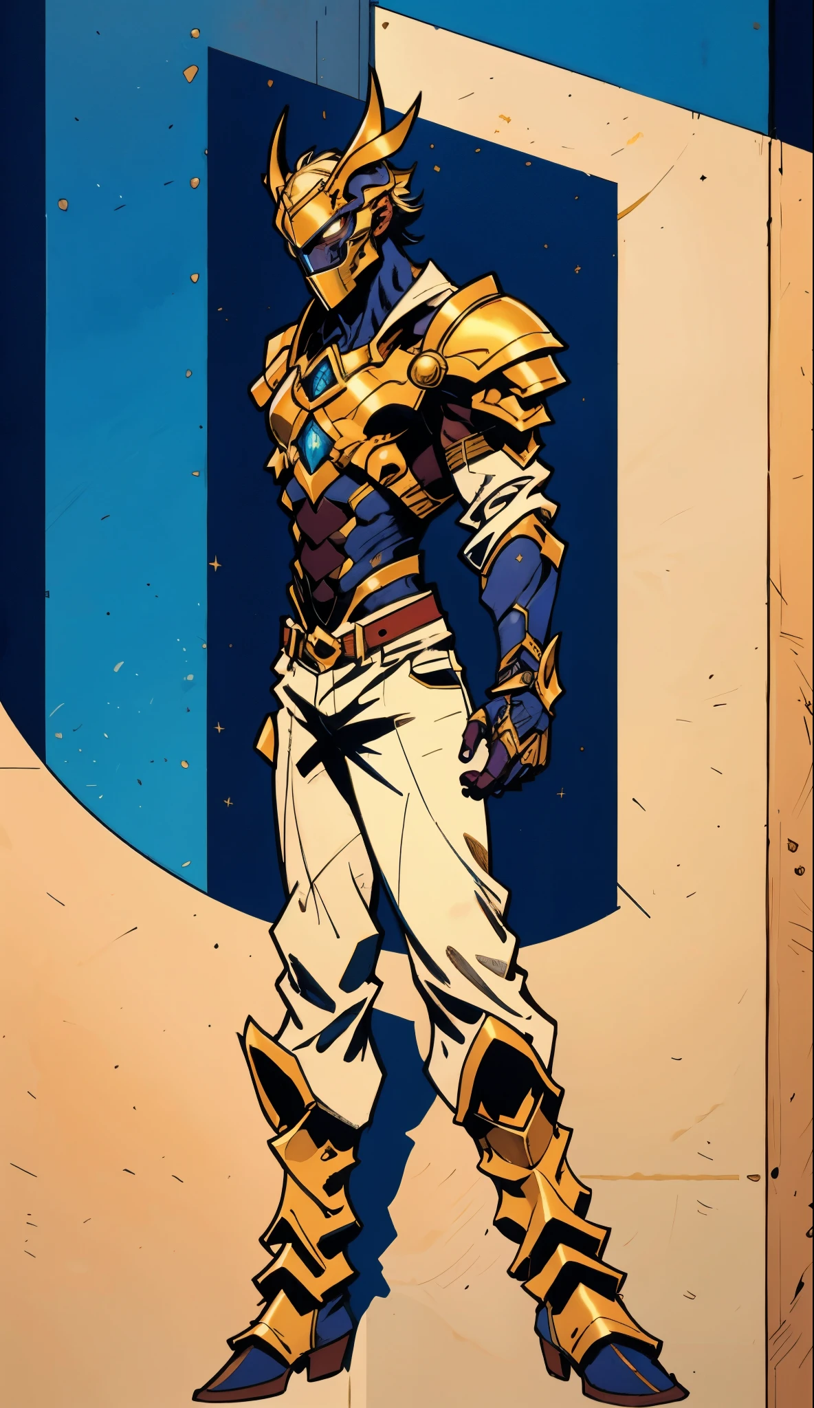A man with short golden hair slicked back, his face entirely obscured by a Dynastinae concept mask, full mask, cold gaze, clad in an indigo blue fantasy-style Dynastinae concept chest plate, his arms and legs are clad in matching armor, he wears a white undershirt and trousers with golden stripes, standing within a magnificent fantasy-style palace, this character embodies a finely crafted fantasy-style masked light armor warrior in anime style, exquisite and mature manga art style, high definition, best quality, highres, ultra-detailed, ultra-fine painting, extremely delicate, professional, perfect body proportions, golden ratio, anatomically correct, symmetrical face, extremely detailed eyes and face, high quality eyes, creativity, RAW photo, UHD, 32k, Natural light, cinematic lighting, masterpiece-anatomy-perfect, masterpiece:1.5