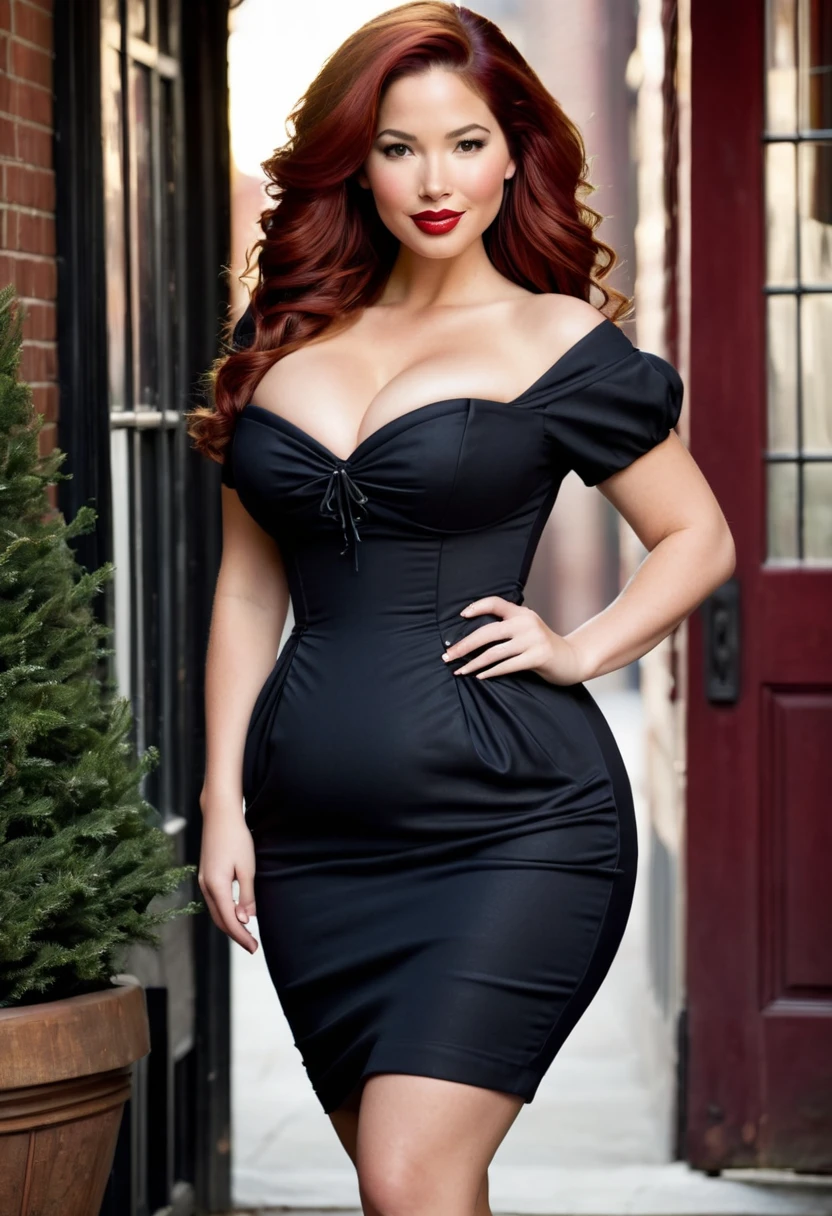 A sexy/cute dickensian lady sweet/wholesome that looks like the daughter of Olivia Munn and Mickey Rooney. skinney , curvy, hyper-hourglass figure. Traditional/conservative dress. Exudes love, conservative values. Thick Red hair. elegant dickensian dress.
