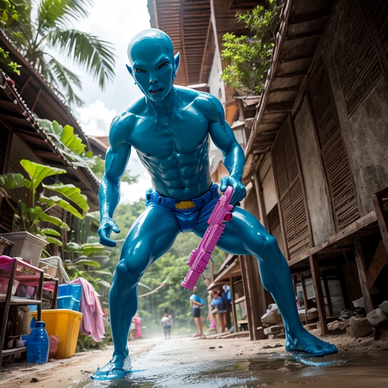 Create a Alien man, playing water gun, thailand