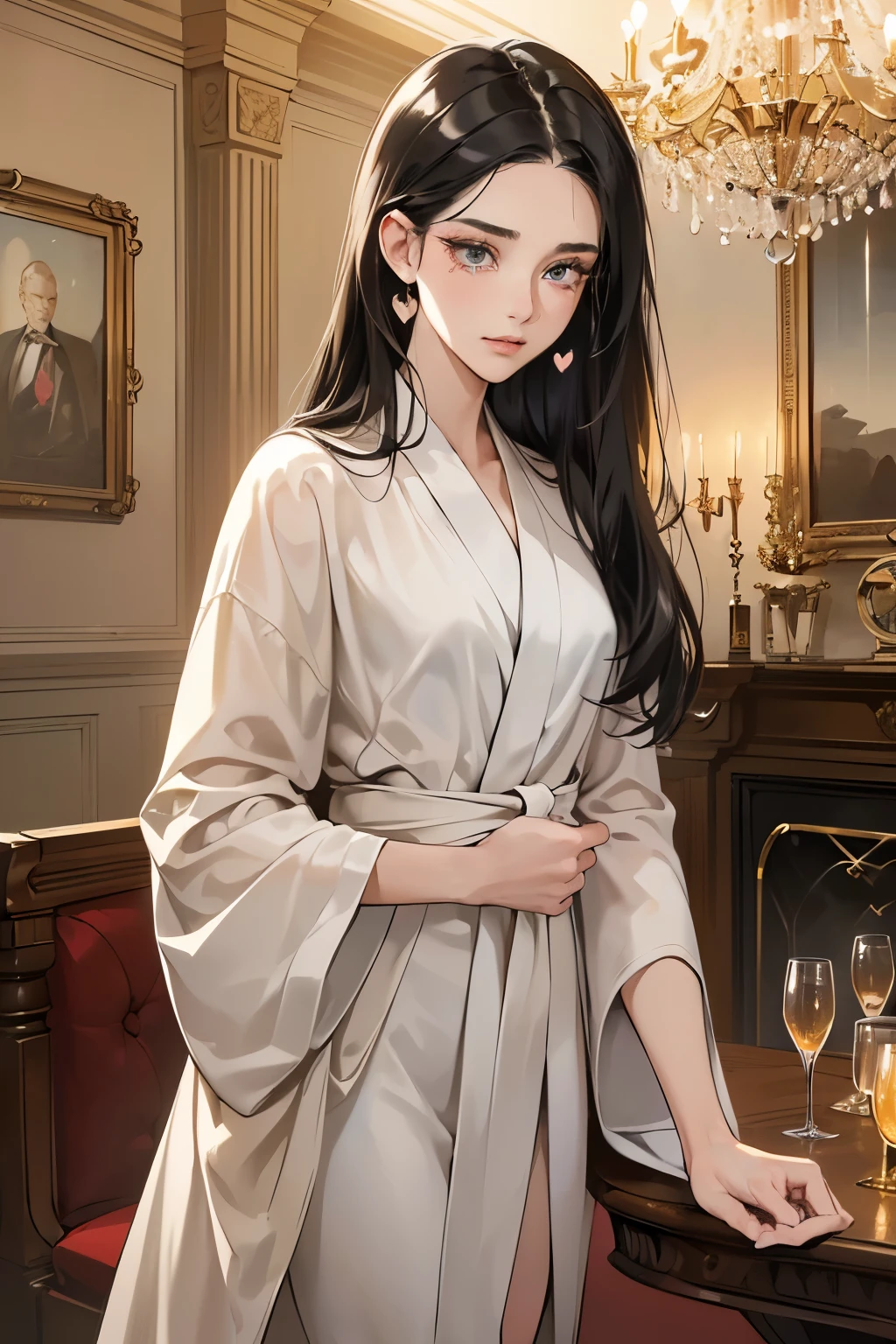 (masutepiece, Digital Art, Digital Illustration, 4K, 8K, Ultra-detailed, beautiful image, Sharp Image, Photorealistic, Raw photo, Perfect face, Perfect lines, Perfect eyes, Soft lighting) 1 woman, (Long Black Hair,straight haired,Bullish gaze,Beautie,ellegance,mannish,Wearing a bathrobe,Solid makeup,23 y-o woman,small tits:1.3),Two handsome men in suits, (ember,Men in suits,well-muscled,Firm shoulder width,Adult male,Boyish hairstyle,English gentlemanly style,Man in his 30s with a cool expression,28-year-old man with bright smile:1.2),Antique furnishings,Antique Clamps,Antique chair,chandeliers,Crystal Glass,Luxury,fantastical light,Marble fireplace,wine glasses ,champagne,(First time failure,heart-broken,Crying face,vexation:1.2),At work,