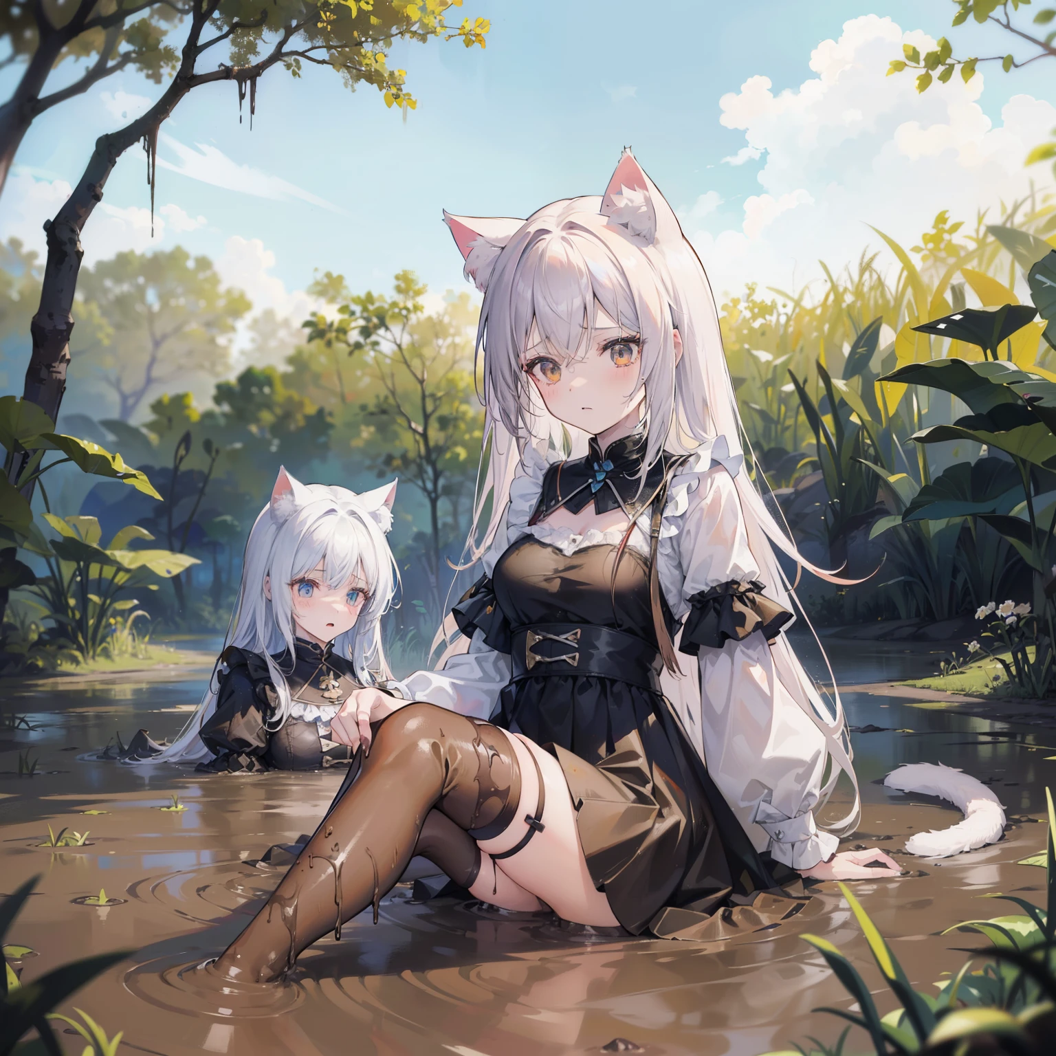 (best quality),(detailed), (two girls),Struggling in the muddy swamp, Legs stuck in the mud, Covered with mud, With an expression of despair,A cat's tail,Cat ears on top of head,white stockings, Double tail,medium breasts,Jie Kang
