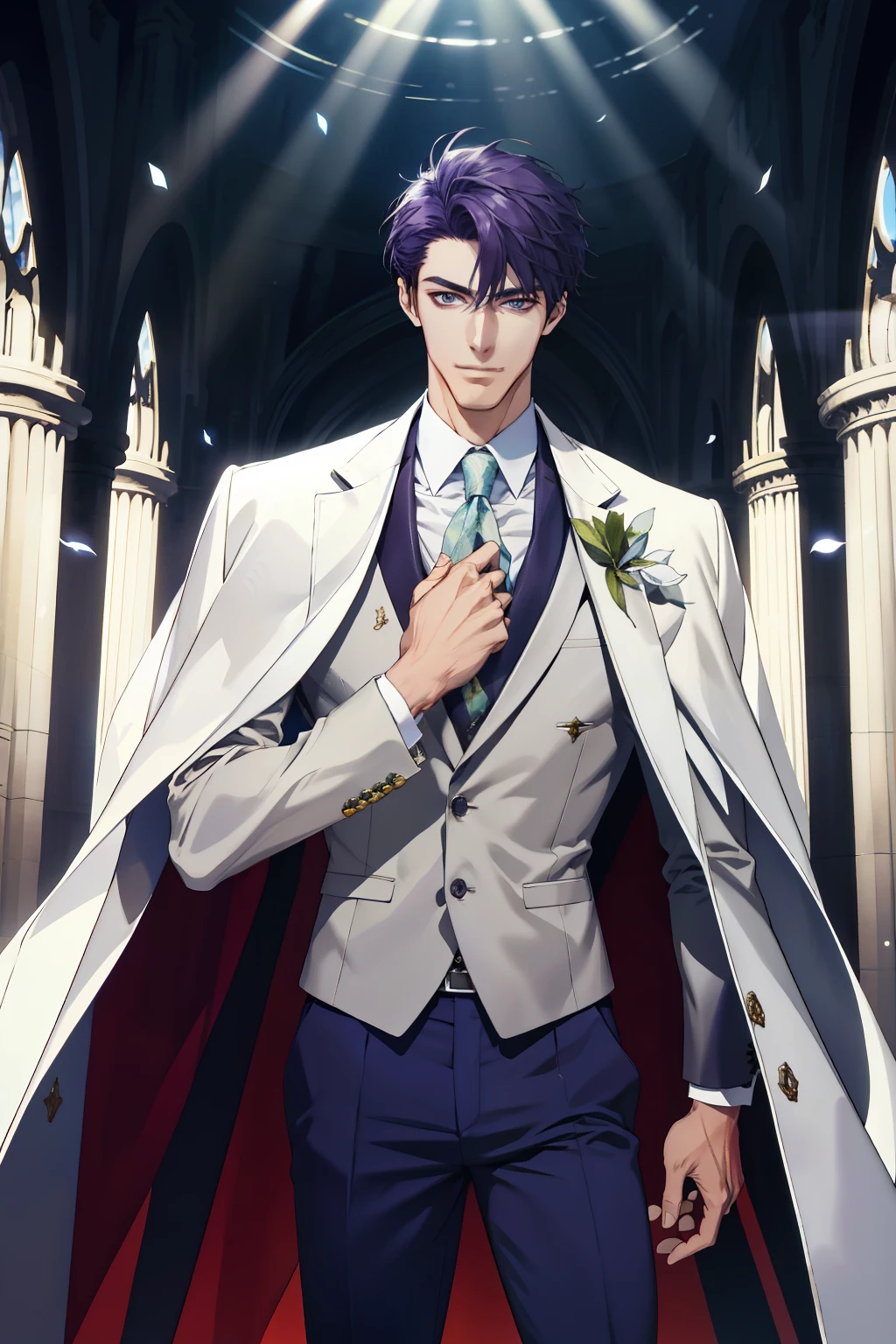 (absurderes,A high resolution,ultra - detailed),1 male,AS-Adult,handsome,Tall muscular man,a broad shouldered,Fine and detailed eyes and detailed face,Business suit,Manteau blanc,ln the forest,ssmile,rays of sunshine,rays of sunshine,Weddings,Side Body,Purple pants,(Side Body,45° viewing angle)