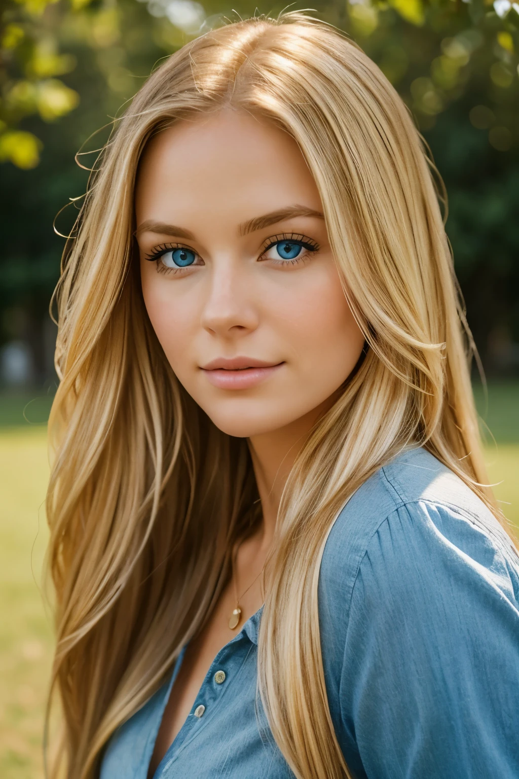 A photorealistic portrait of a 25 year old American girl with long flowing blonde hair and striking blue eyes. It should have a natural, approachable expression and be illuminated by soft, golden tones. hour of sunlight. The background should be a picturesque outdoor setting, perhaps a sunny park or beach. Capture this image with a high-resolution photograph using an 85mm lens for a flattering perspective