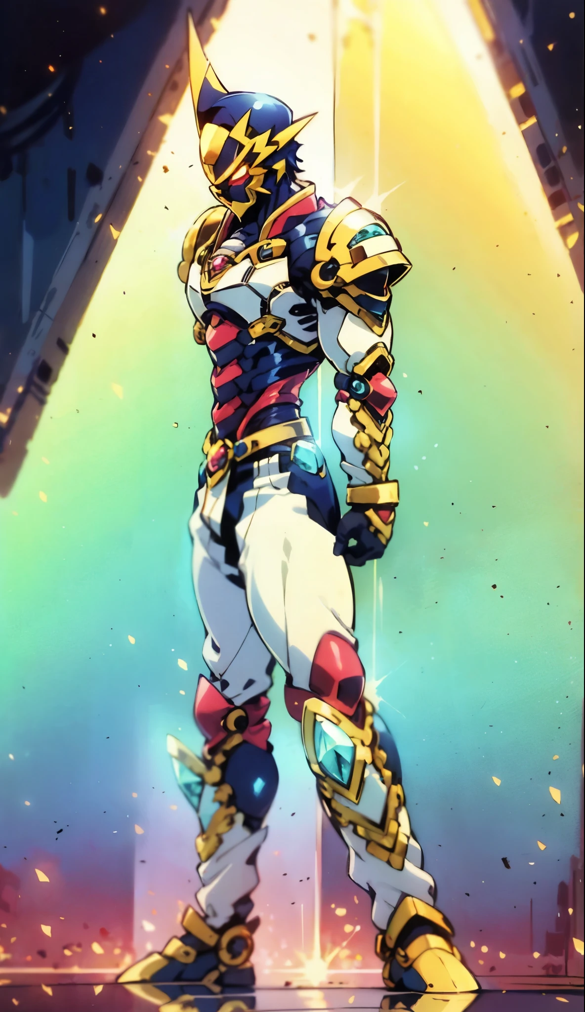 A man with short golden hair slicked back, his face entirely obscured by a Dynastinae concept mask, full mask, cold gaze, clad in an indigo blue fantasy-style Dynastinae concept chest plate, his arms and legs are clad in matching armor, he wears a white undershirt and trousers with golden stripes, standing within a magnificent fantasy-style palace, this character embodies a finely crafted fantasy-style masked light armor warrior in anime style, exquisite and mature manga art style, high definition, best quality, highres, ultra-detailed, ultra-fine painting, extremely delicate, professional, perfect body proportions, golden ratio, anatomically correct, symmetrical face, extremely detailed eyes and face, high quality eyes, creativity, RAW photo, UHD, 32k, Natural light, cinematic lighting, masterpiece-anatomy-perfect, masterpiece:1.5