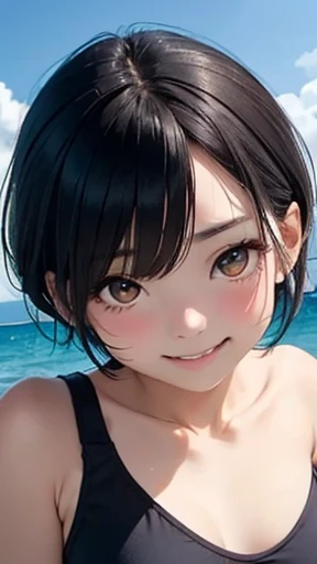 highest quality、Realistic、Japanese、woman、zoom、look up、cute、Turquoise Eyes、short hair、Black Hair、Back to all、The forehead is out、Ocean、Midsummer、Strong sunlight、Sweat、Wet Hair、Wink、orange swimsuit、joy、Grin、Face close-up、Small breasts、thin