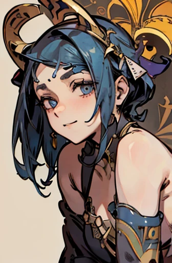 (masterpiece), (High resolution), (super delicate),,(Horror elements), bust up,((Alphonse Mucha 1.5))blue hair、Clown makeup