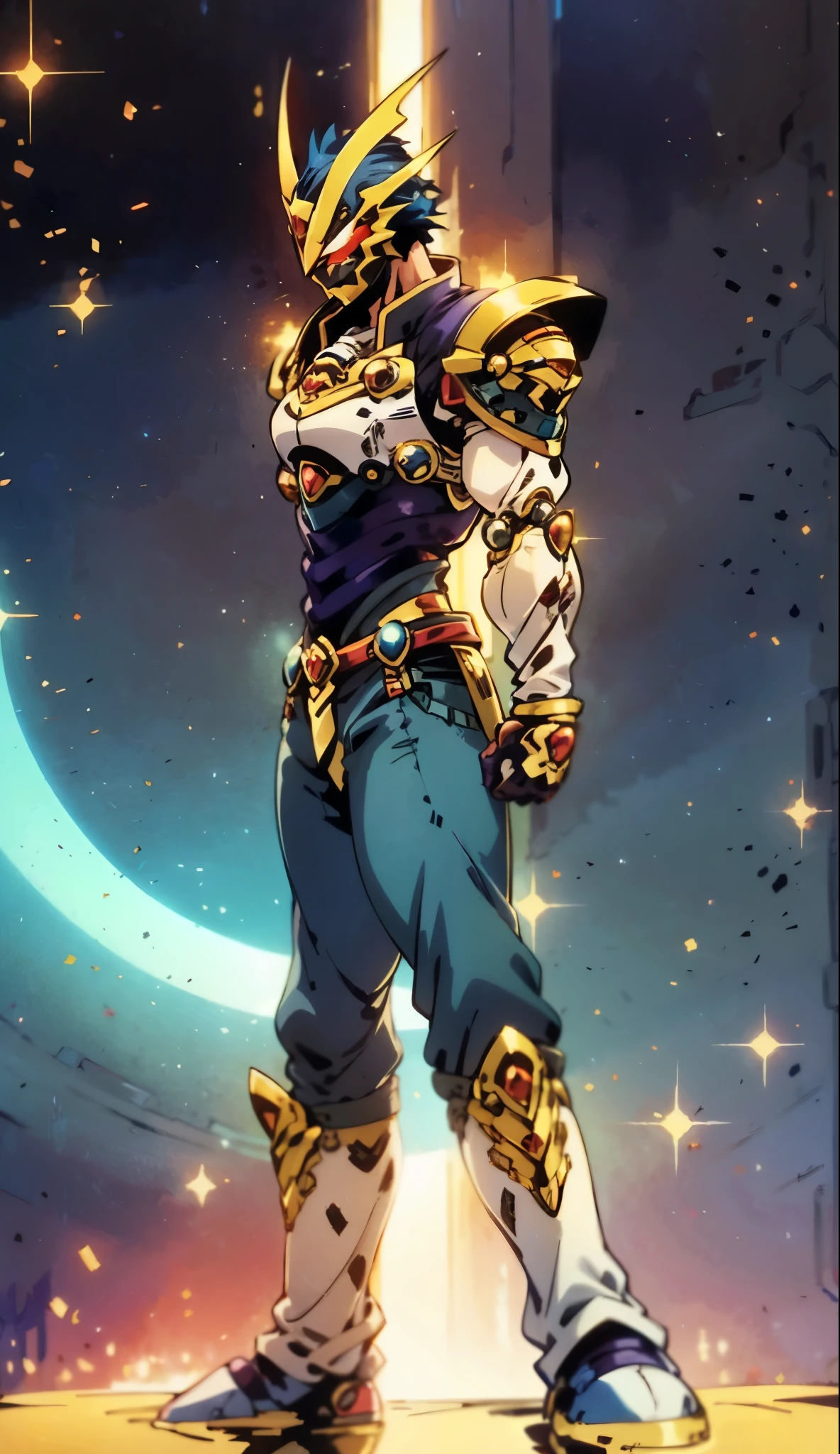 A man with short golden hair slicked back, his face entirely obscured by a Dynastinae concept mask, full mask, cold gaze, clad in an indigo blue fantasy-style Dynastinae concept chest plate, his arms and legs are clad in matching armor, he wears a white undershirt and trousers with golden stripes, standing within a magnificent fantasy-style palace, this character embodies a finely crafted fantasy-style masked light armor warrior in anime style, exquisite and mature manga art style, high definition, best quality, highres, ultra-detailed, ultra-fine painting, extremely delicate, professional, perfect body proportions, golden ratio, anatomically correct, symmetrical face, extremely detailed eyes and face, high quality eyes, creativity, RAW photo, UHD, 32k, Natural light, cinematic lighting, masterpiece-anatomy-perfect, masterpiece:1.5