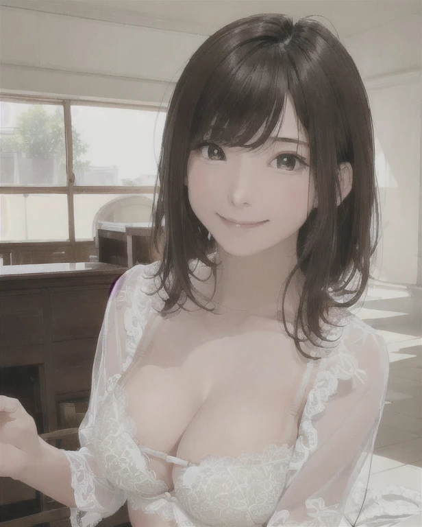 highest quality, NSFW,realistic, 8K, High resolution, 1 girl,（(random sexy pose)）, woman, (skin dents), (portrait:0.6), nice, ((womanの部屋,lace bra, white underwear、emphasize cleavage、very big breasts:1.65)), (long brown hair, parted bangs:1.4), looking at the viewer, (1 girl eyes looking at the viewer:1.6), realistic, (Bokeh), (closed mouth, smile:1.3), nice, face to face with the children_V1:1,