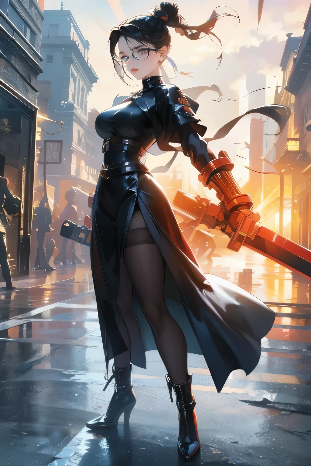Wide angle shot, full body image, beautiful female street fighter, wearing large glasses, black undercut hair, wearing large steel knuckles