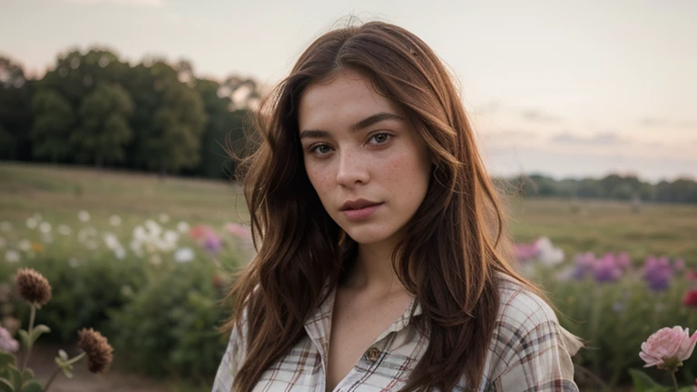 a photo of a seductive woman with loose styled redhead hair, posing in a fieldofflowers, she is wearing Button-up pink flannel shirt, and denim shorts, intricate details, goosebumps, flawless face, shy, prude, (freckles:0.9), ((photorealistic):1.2), raw