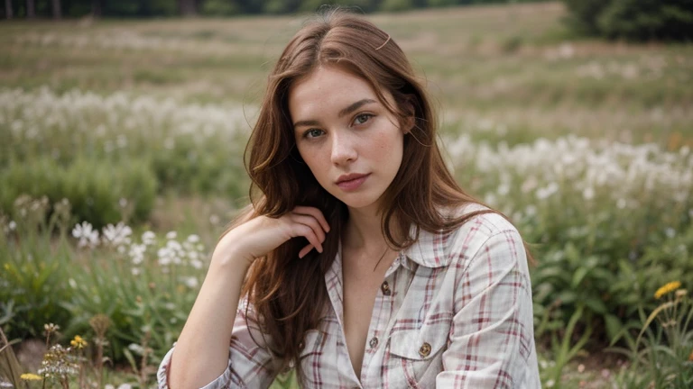 a photo of a seductive woman with loose styled redhead hair, posing in a fieldofflowers, she is wearing Button-up pink flannel shirt, and denim shorts, intricate details, goosebumps, flawless face, shy, prude, (freckles:0.9), ((photorealistic):1.2), raw