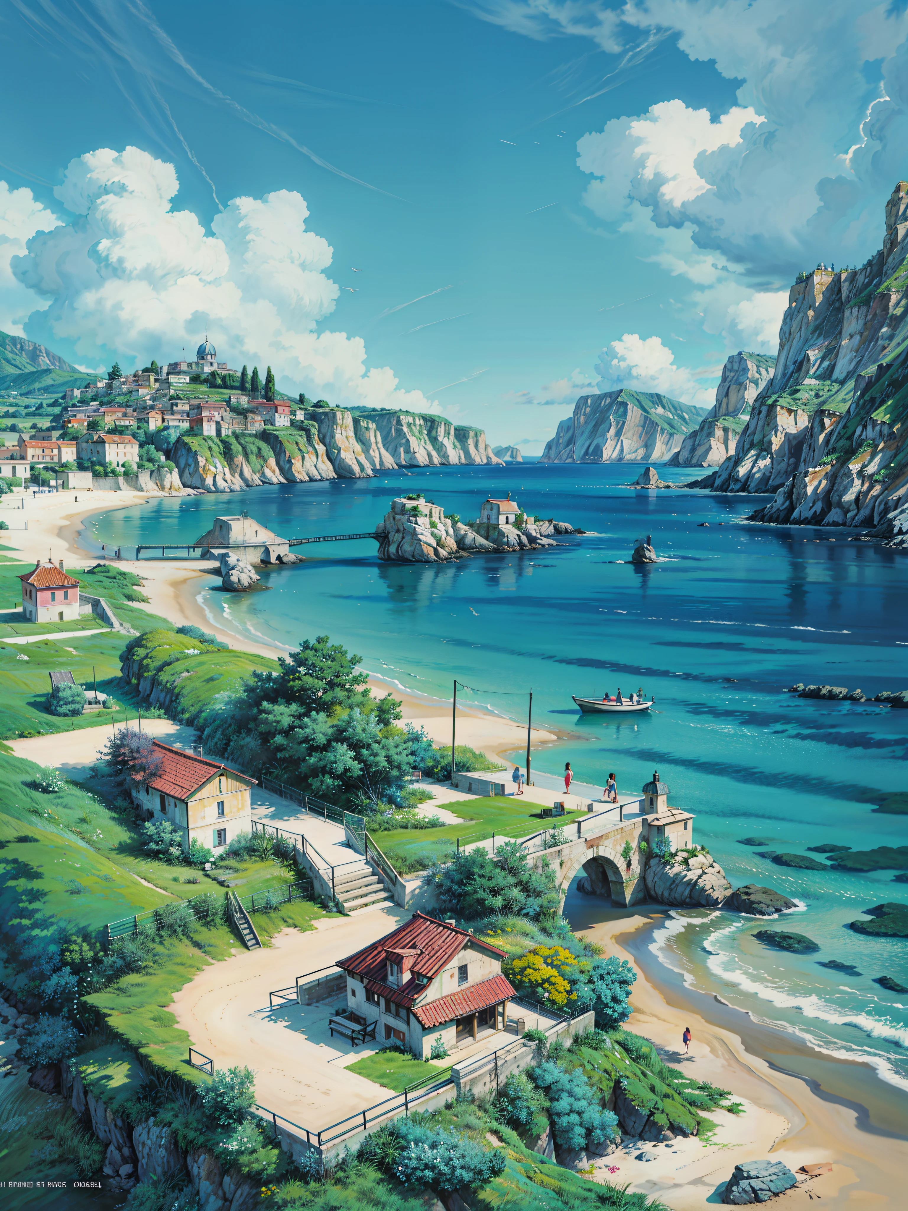 a painting of a beach with flowers in the foreground, mediterranean beach background, beautiful italian beach scene, beach background, beach and tropical vegetation, italian beach scene, sunny day background, happy italian beach scene, scenery artwork, sea background, beach on the outer rim, seaside backgroud, beach landscape, beautiful brush stroke rendering, beach setting, in a mediterranean lanscape, 4k hd,, beautiful art uhd 4 k, a beautiful artwork illustration, beautiful digital painting, highly detailed digital painting, beautiful digital artwork, detailed painting 4 k, very detailed digital painting, rich picturesque colors, gorgeous digital painting