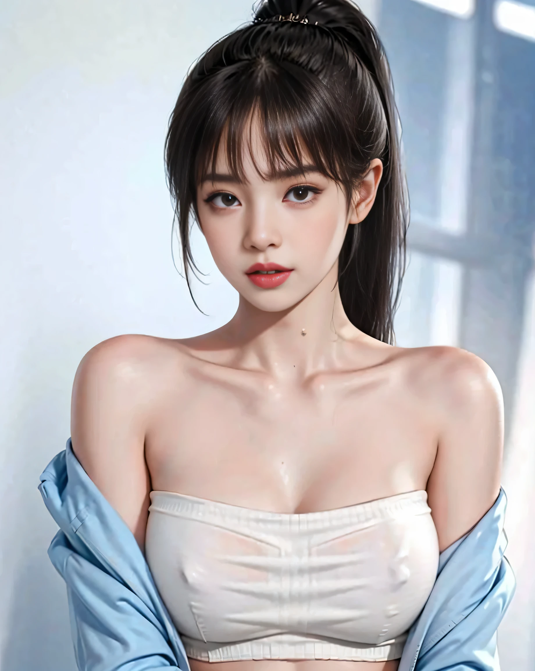 masterpiece, highest quality, 1 girl, naked shirt, shirt tug, shirt, off shoulder, ponytail, Sweaty armpits, Large loose jacket