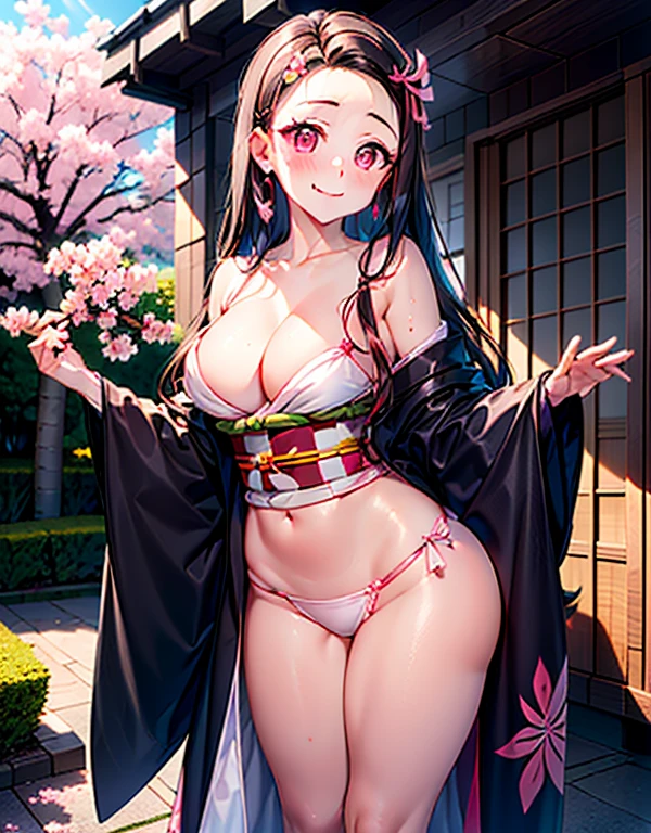 (best quality,4k,(masterpiece:1.2),ultra-detailed,studio lighting,colorful,soft pastel tones,Nezuko Kamada,beautiful detailed eyes,long black hair,delicate features,dressed in a kimono,standing, cherry blossom trees,with a cute bamboo mouth guard,crimson red eyes,small fangs peeking out,pinky-pale skin,pastel pink blush on her cheeks,purple floral hairpins adorned with ribbons,gentle sunlight filtering through the leaves,creating soft shadows on the ground,sparkling dewdrops on the petals of the cherry blossoms, (sexy:1.4), seductive pose , large breasts , show off nipple