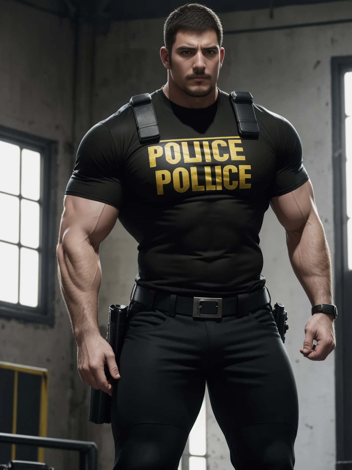 One Tall giant muscular police officer, he was angry, disheveled hair, thick thighs, Yellow and black police officer T-shirt, Very tight, Accentuate muscles, Police uniform pants, character concept（Resident Evil - chris redfield, chris redfield）proud expression, Deep and charming eyes, heroic male pose, tall burly, muscular！muscular thighs, tough guy, perfect facial features, High, burly, Heqiang, Super gain and cool, high resolution committee, Charming strong man, The bright sunshine shines on my face through the window