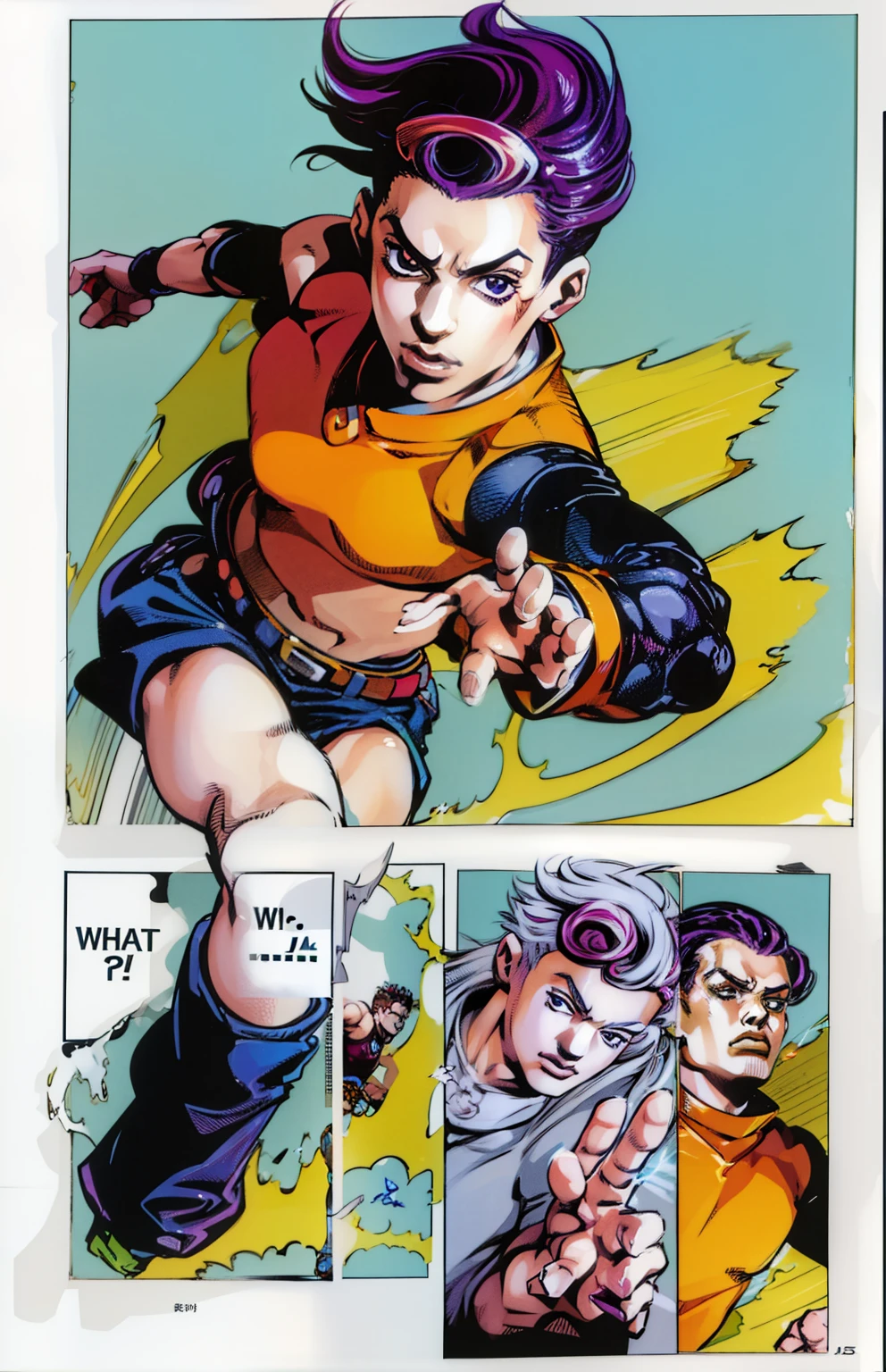 1 page of manga, 1character charhing energy inside of own body, burst of power, hirohiko araki style,