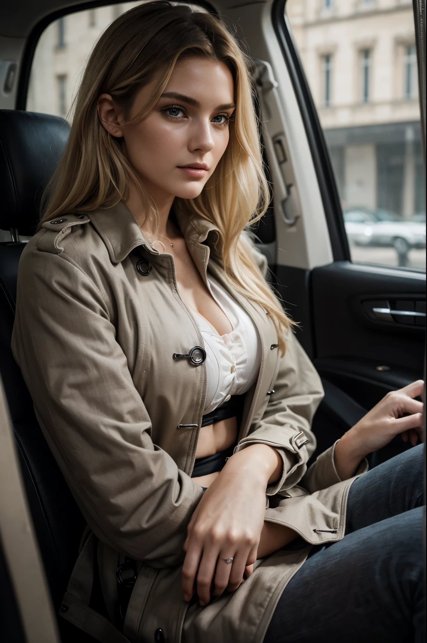 masterpiece, best quality, extremely detailed, hyperrealistic, photorealistic, a beautiful 20s french model, in a detailed taxi:1.2, gray trench coat:1.2, long sleeve shirt, in the night:1.2, sexy pose, ultra detailed face, medium hair, blonde hair, pale skin, busty breasts, crying:1.2