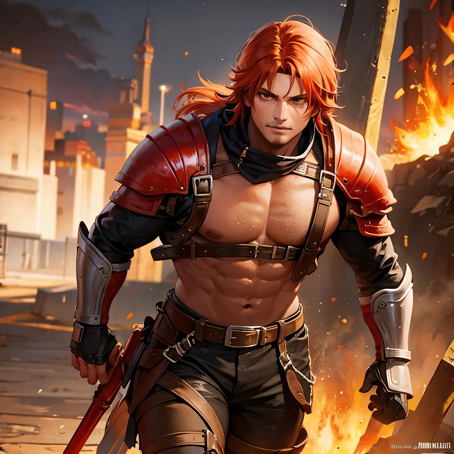 (best quality,photorealistic),(realistic),(vivid colors),human male,barbarian,red-orange hair,leather armor
